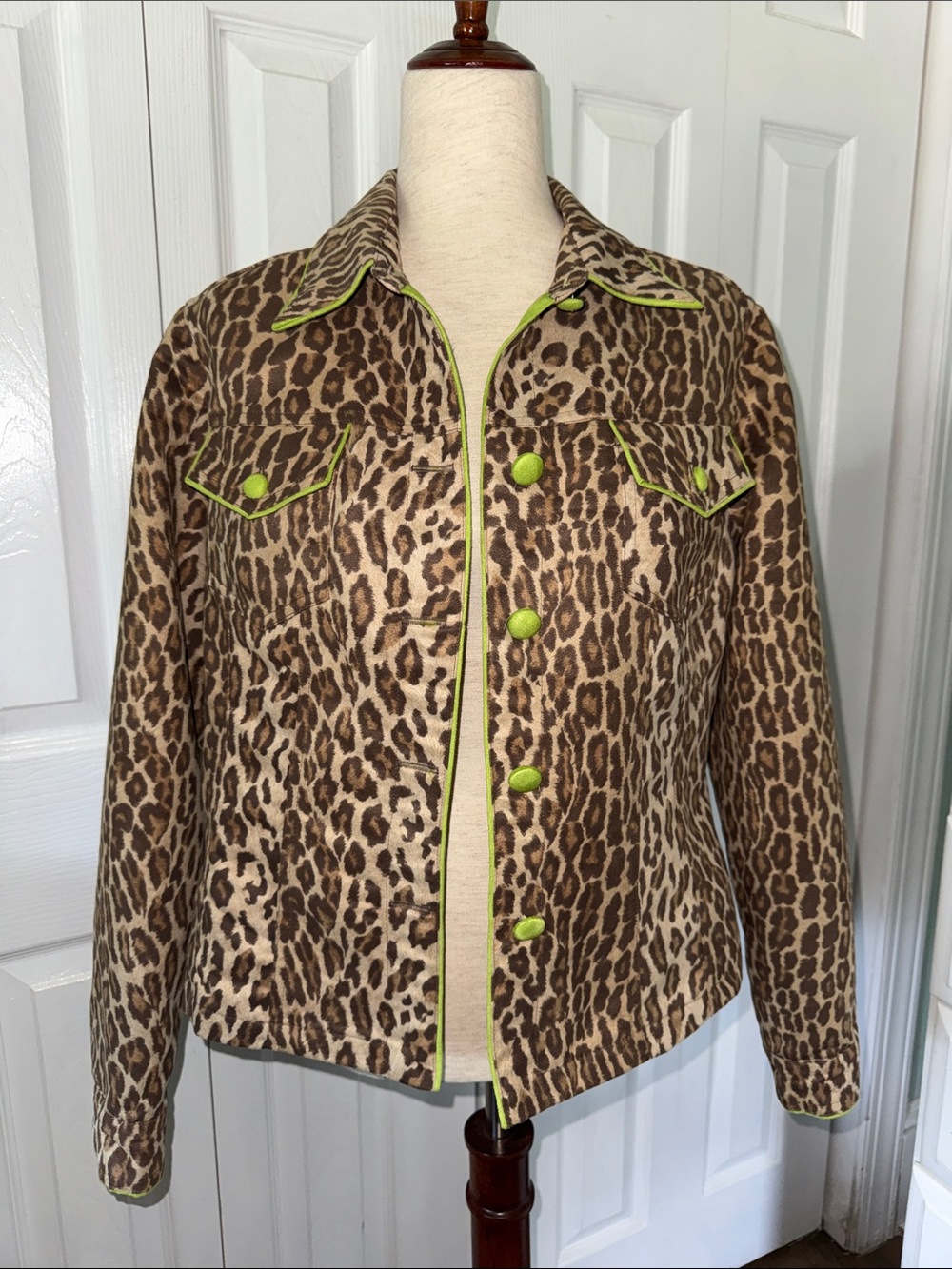 3 Sisters Leopard Print Jean Jacket with Lime Trim Sz M